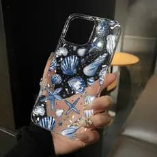 Capa de telefone com Glitter oceano azul iPhone 11 16 15 14 13 12 Pro Max XS XR X 7 8 conchas