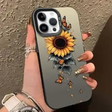 Capinha iphone 11/12/13/14/15/16 Pro max,estojo cor prata,anti impacto,girassol