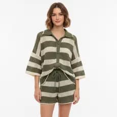 Conjunto Tricot Premium Saida De Praia Listra Botão Forrado | Verão Blusa Over + Shorts