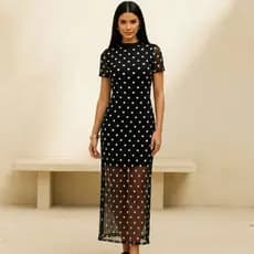 Vestido Longo Tule Manga Curta Poá Bolinha Transparente