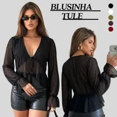 Blusa Tule Cropped Bata Manga Longa Estampada Babados Amarração Festa Amarração Elegante