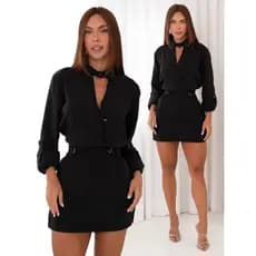 Macacão Macaquinho Curto Feminino Alfaiataria Manga Longa  Shorts Saia
