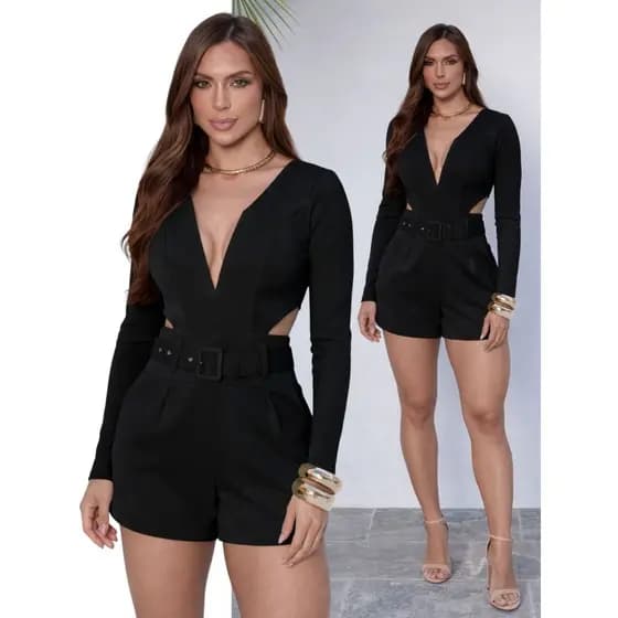 Macacão Macaquinho Curto Feminino Cinto Bojo Decote Elegante Tecido Montaria