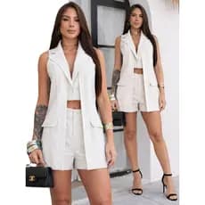 Conjunto alfaitaria Colete Blazer Duplo e Shorts Curto Clássico Blogueira