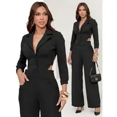Macacão Feminino Blazer Longo Montaria Elegante Calça Pantalona