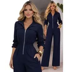 Macacão Feminino Longo Com Ziper Frontal Alfaiataria Elegante
