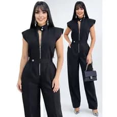 Macacão Afaiataria Longo Feminino Elegante com Zíper e Cinto