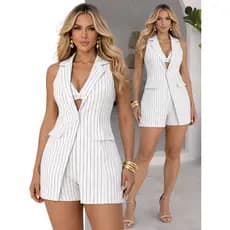 Conjunto Feminino Blazer Colete Top e Shorts Alfaiataria 3 Peças
