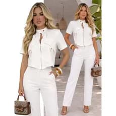 Conjunto Alfaiataria Feminino Blusa Jaqueta e Calça Elegante