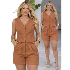 Conjunto Feminino Alfaiataria Cropped Colete e Shorts Elegante