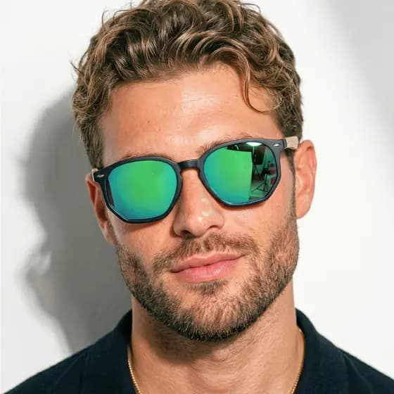 Oculos de Sol Azul Verde Espelhado Bambu Premium Hexagonal Original Blogueira Tendencia uv400