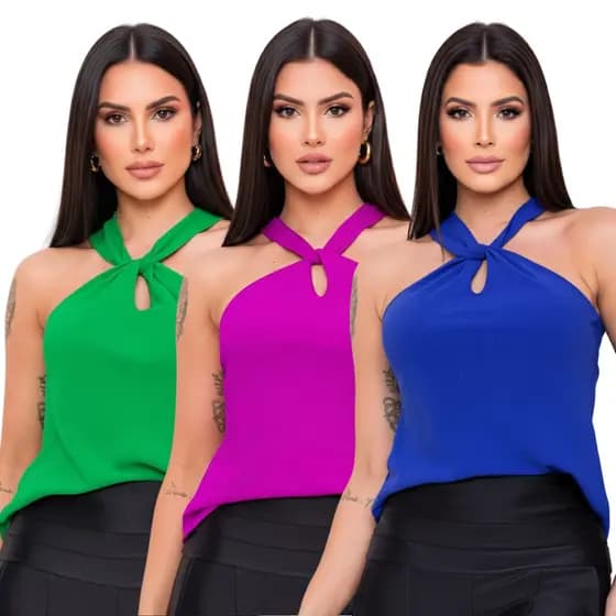 Kit 3 Blusas Regata Feminina Gola Transpassada Nó Torção Frente e Costas Tecido Duna Liso Básica