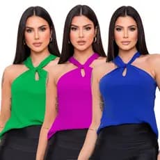 Kit 3 Blusas Regata Feminina Gola Transpassada Nó Torção Frente e Costas Tecido Duna Liso Básica