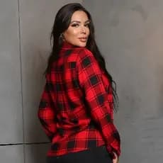 Camisa Xadrez Feminina Viscose com Botões na Frente Manga Comprida Gola Colarinho Outono/Inverno Festa Junina São João