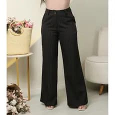 Calça Pantalona Feminina Listrada Alfaiataria Sensorialle Marrant Bolsos, Zíper, Passantes Calça Social com Risca de Giz