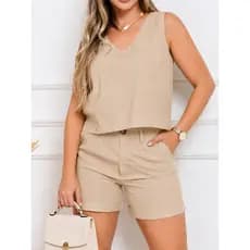Conjunto Feminino Regata e Short Com Botão, Zíper e Bolso Tecido Marrant Sensorial Liso Casual M ao GG