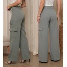 Calça Cargo Pantalona Feminina Alfaiataria Estruturado Bolsos Zíper e Passantes para Cinto