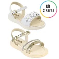 Kit 2 Pares Sandália Infantil Menina Alpercata Feminina Flor e Strass Confortável Leve Casual