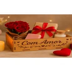 Kit 5 Bandejas Escrita Com Amor e Corações 20.5x15.5x5 Decoração Festa Com Alça Cesta Mdf Cru Presentes, Lembrancinhas