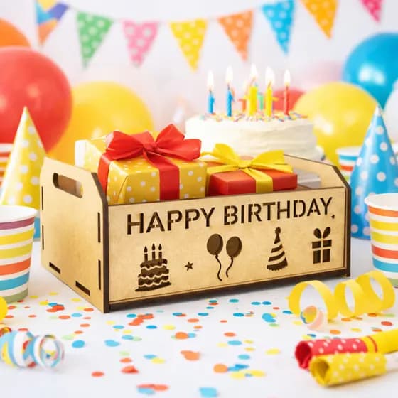 Jogo 18 Caixinhas em MDF Decorativa Aniversário "Happy Birthday" Recorte Laser M21