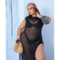 Saida De Praia Vestido Longo Regata em Tule Plus Size Liso