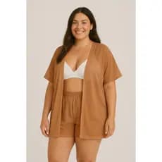 Saida De Praia Conjunto translúcido Kimono Curto Com Short  Elástico  Na Cintura Plus size