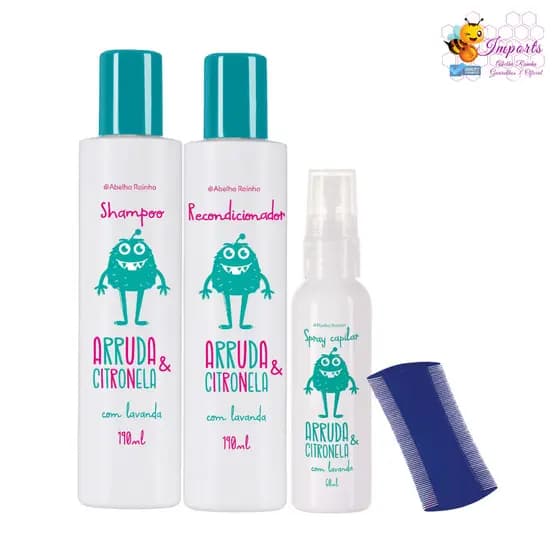Mata Piolho Shampoo, Recondicionador e Spray Antipiolho Arruda Citronela Mata Lêndeas Abelha Rainha