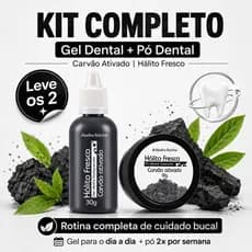 Kit Pó + Gel Dental Clareador Carvão Ativado Hálito Fresco Branqueador Rotina Completa Anti Placa