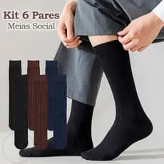 Kit 3/6 Pares Meia Social Lisa Algodão Poliamida Cores Variadas Cano Longo Masculina Tamanho Único