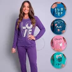 Pijama Comprido Feminino Inverno Longo Blusa Calça Conjunto Dormir Confortável