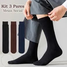 Kit 3 Pares Meia Social Lisa Algodão Poliamida Cores Variadas Cano Longo Masculina Tamanho Único