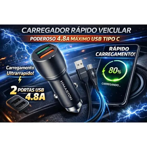 Carregador Rápido Veicular Poderoso 4.8a Máximo Usb Tipo C Preto