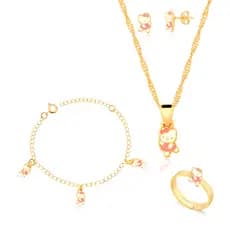 Kit Conjunto Infantil Hello Kitty com Colar, Pingente, Brinco, Pulseira e Anel Regulável Banhado a Ouro 18k