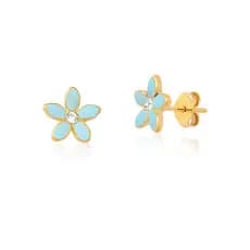 Brinco Banho de Ouro 18K Pequeno Infantil Flor Resina com Pedrinha (9mm)