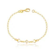 Pulseira Banho de Ouro 18K Infantil Elos Corações Vazados com Losango e Detalhe em Pérola (15cm + 3cm)