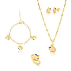 Kit Conjunto Infantil Unicórnio em Resina com Colar, Pingente, Brinco, Pulseira e Anel Regulável Banhado a Ouro 18k