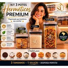 Kit Potes Herméticos Premium 500ml + 1L + 2,2L Acrílico BPA Free Produzido no Brasil SU Sonho