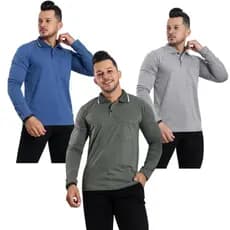 KIT 3 CAMISAS CAMISETAS GOLA POLO MANGA LONGA COM BOLSO ALGODÃO MALHA FIO 30 ESTILO CASUAL MODA MASCULINA ESTILOSO