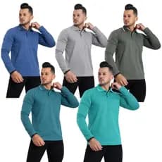 KIT 5 CAMISAS CAMISETAS GOLA POLO MANGA LONGA COM BOLSO ALGODÃO MALHA FIO 30 ESTILO CASUAL MODA MASCULINA ESTILOSO