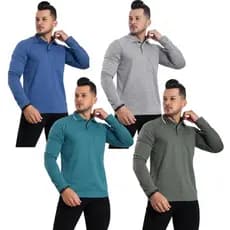 KIT 4 CAMISAS CAMISETAS GOLA POLO MANGA LONGA COM BOLSO ALGODÃO MALHA FIO 30 ESTILO CASUAL MODA MASCULINA ESTILOSO