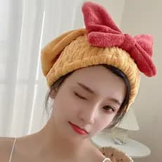 Touca de secagem de cabelo com laço de lã Coral doméstica, touca de banho absorvente de água, secagem rápida