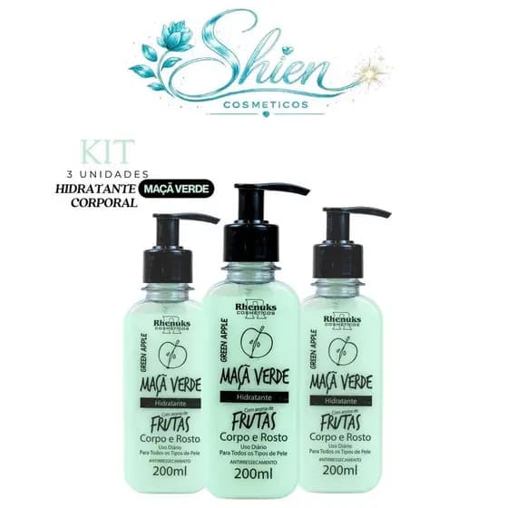 Kit 3 Hidratante Corporal Corpo e Rosto Maça Verde  200ml Rhenuks (Afilhado)