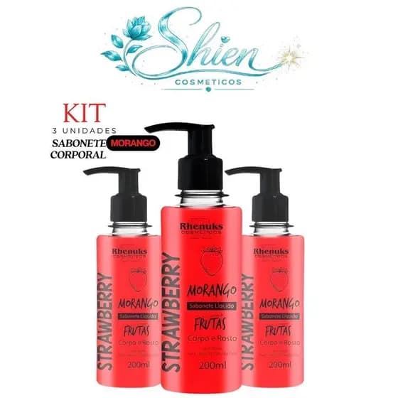 Kit 03 Sabonete Liquido Frutas Corpo e Rosto  Morango 200ml Rhenuks (Afilhado)