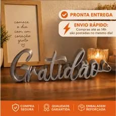 Letreiro Gratidão Enfeite de Mesa Gratidão Cinza Estelar Moderno - até 23 cm