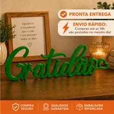 Letreiro decorativo de Mesa Gratidão Verde Natureza 3D até 23 cm Verde Pronta Entrega