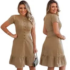 Vestido Feminino Midi Vestido Casual Manga Curta Tecido Brim