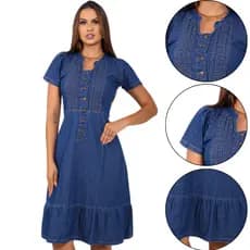 Vestido Casual Feminino Com Manga Vestido Jeans Botão