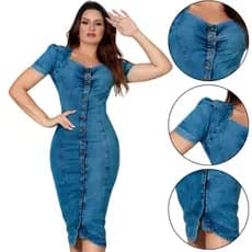 Vestido Tubinho Manga Princesa Vestido Jeans Botão