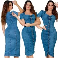 Vestido Tubinho Midi Vestido Feminino Jeans Manga Princesa Com Botões
