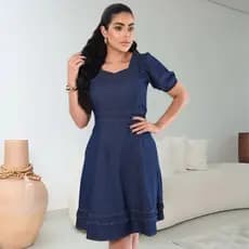 Vestido Jeans Midi Decote Quadrado Manga Bufante Feminino
